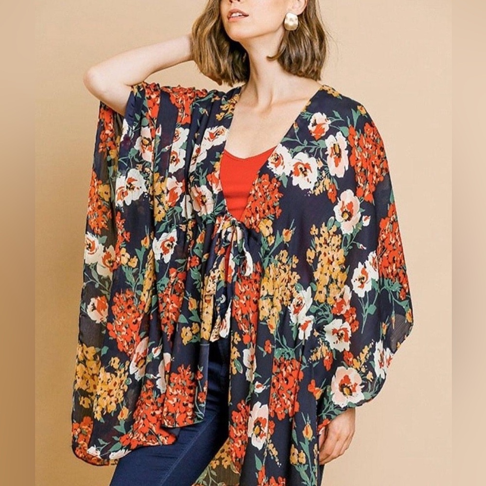 Umgee - Pretty Perfect Navy Blue Red Floral Tie Waist Front Kimono - Large